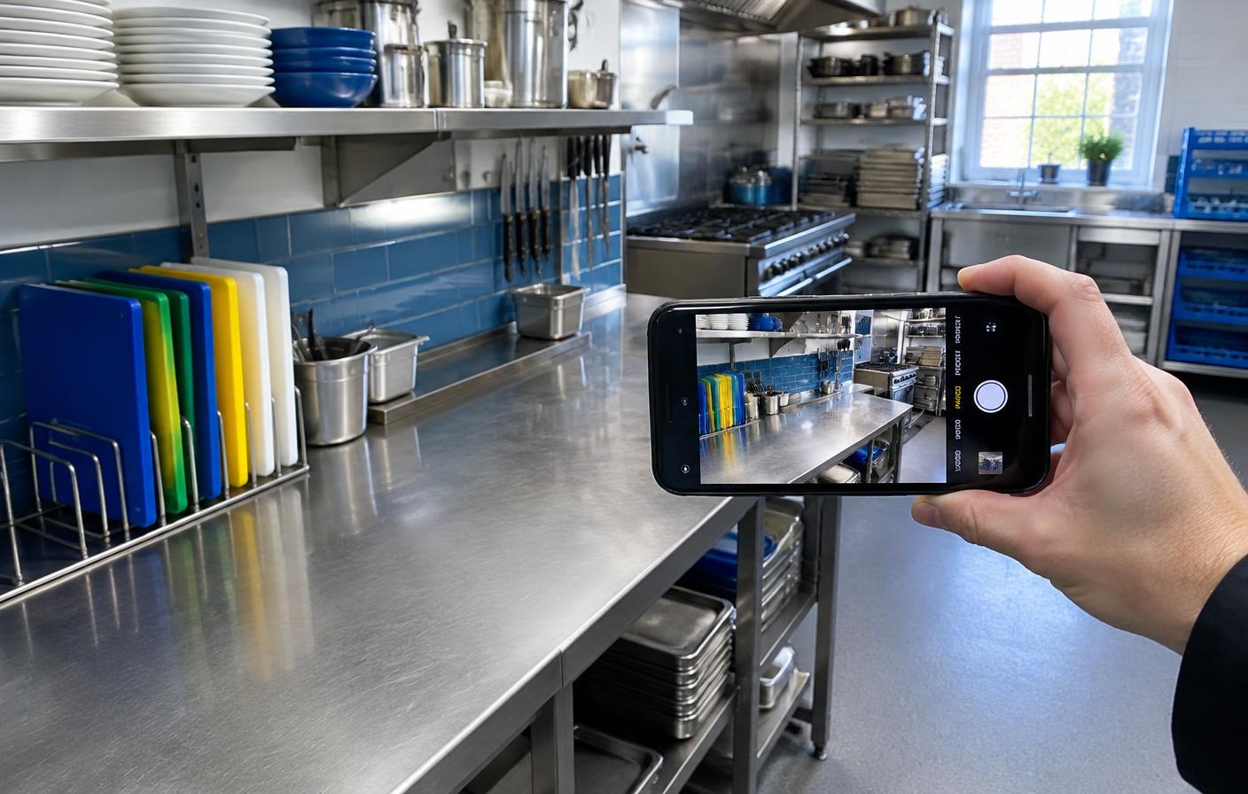 A restaurant worker photographing a clean kitchen counter for food-safety evidence